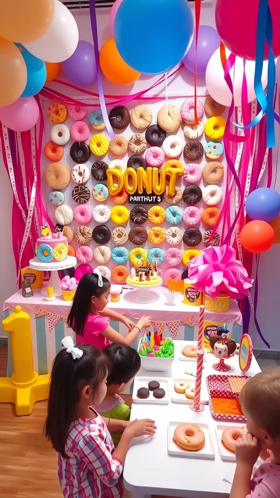 A lively donut-themed birthday party with a donut wall, children decorating donuts, and colorful decorations.